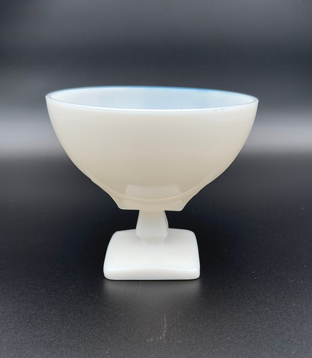 Vintage White Opaline Milk Glass Footed Compote, Square Base, 5